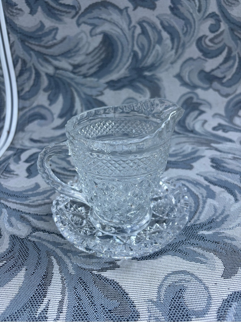 Clear Cut-Glass Creamer and Saucer - Elegant Clear Glass